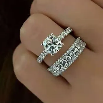 2 Ks Luxusné Svadobné Zásnubný Prsteň s Full Bling Ľadový Z Crystal Drahokamu Zirkón pre Ženy Strany Módne Šperky