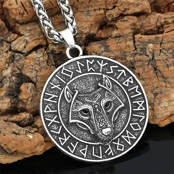 Antique Silver Farba Vlk Hlavu Náhrdelník Prívesok Muži Ženy Viking Šperky Darček Lesných Zvierat Amulet Totem Vintage Kolo Prívesok