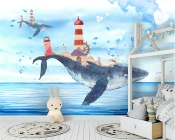 BEIBEHANG tapety Vlastné 3D Fantasy Veľryba Maják Modrý Oceán Ručne maľované Lietajúce Ryby Deti Papier Pozadí Steny nástenná maľba