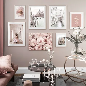 Benátky Paláci Ružový Kvet Dievča Wall Art Plátno Na Maľovanie Nordic Plagáty A Potlačou Obrazov Na Stenu Pre Obývacia Izba Domova