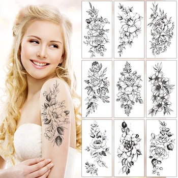 Body Art Tattoo Nálepky Kvet Veľký Nepremokavé Dočasné Sexy Tetovanie Na Stehne Žena Tetovanie Falošné Vody Black Náčrt Line Rukáv