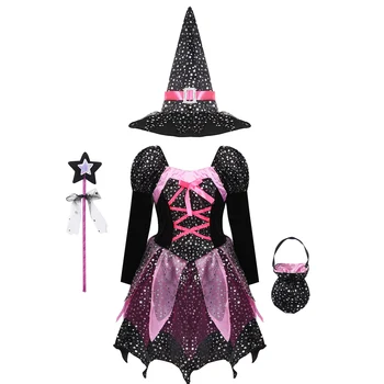 Dievčenské Kostým Čarodejnice Šaty Halloween Čarodejnice Cosplay Kostým Oblečenie Iskrivý Silver Star Tlačené Šaty w/Špicatý Klobúk Prútik Candy Bag