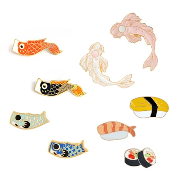 Japonský Štýl Kolekcie Smalt Kolíky Koi Squid Vlajka Brošne Batoh Oblečenie Klope Sushi Losos Odznak pre Vak Cartoon Šperky