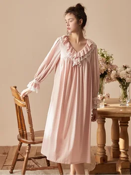 Jar, Jeseň Nový Vintage Dlho Nightgowns Pre Ženy Farbou Dlhý Rukáv Plus Veľkosť Noc Šaty Elegantné Tehotné Seepwear