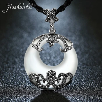 JIASHUNTAI Retro 925 Sterling Silver Veľký Okrúhly Prívesok Náhrdelník Kolo Biely Kameň S Strieborné Šperky Pre Ženy