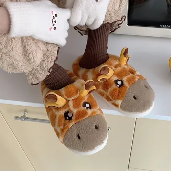 Kórejský Cartoon Žirafa Zimné Papuče Roztomilý Pohodlné Teplé Fuzzy dámske Papuče Módne Plyšové Domáce plátenné Topánky