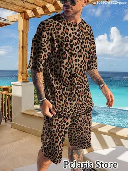 Leopard Tlač Tepláková Súprava Mužov Nastaviť Krátky Rukáv T Shirt Šortky 2 Kus Vyhovovali Nadrozmerné Bežné Vintage Luxusné Značky Oblečenie Oblečenie