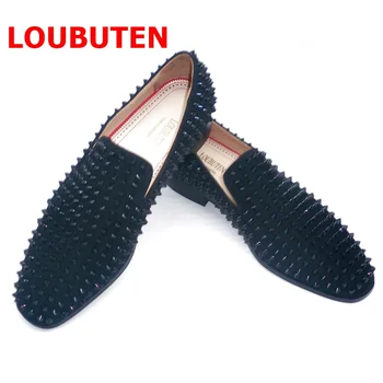 LOUBUTEN taliansky Black Suede Shoes Mužov Hrotmi Mokasíny Vysokej Kvality Pošmyknúť Na Kožené členkové Topánky pánske spoločenské A Ples Topánky