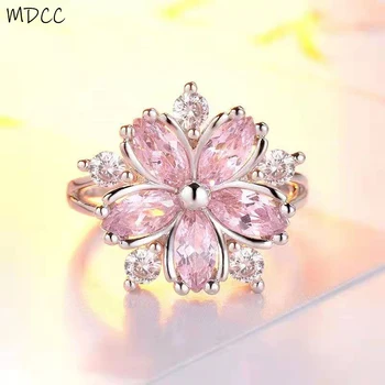 Móda Pink White Crystal Kameň Sakura Krúžok Pre Ženy Kvetinové Kúzlo Strieborná Farba Tenké Snubné Prstene Jedinečný Elegantná Nevesta Krúžok