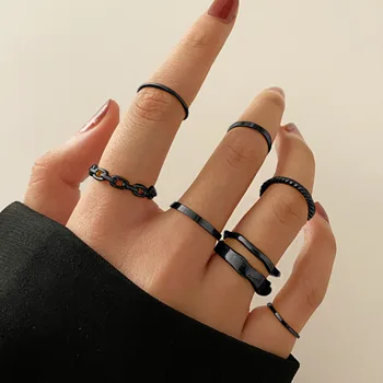 Nastaviť Jednoduché Prst Krúžky Módne Čierne Cool Metal Duté Geometrie Kolo Otvorenie Ženy Dievča Krúžok Strany, Svadobné Šperky, Darčeky