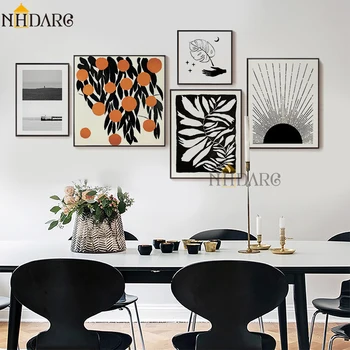 Nostalgické Retro, Čierne Biele, Oranžové Lístie, Abstraktné Plátno Tlačiť Maľovanie Plagátu Na Stenu Obrázky Umenia Moderného Obývacej Miestnosti Domova