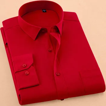 Nové Jeseň Pánske Šaty Tričko Dlhý Rukáv Bežné Pure Color Business Červený Stojan Golier Mužské Oblečenie Camisa Masculina Sociálne