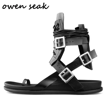 Owen Seak Mužov Ríme Sandále Čierne Topánky Gladiator Sandále High-Top Owen Originálne Kožené Papuče Listov Letné Sandále Mužov