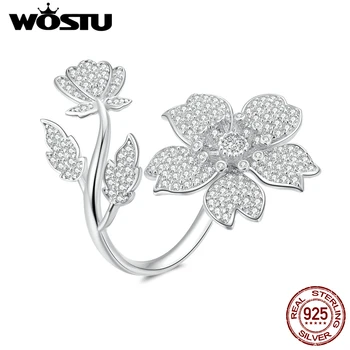 WOSTU 100% 925 Sterling Silver Sakura Kvitne Kvet Krúžky Nastaviteľné Jemné snubný Prsteň Jasné, Zirkón Módne Šperky CTR076