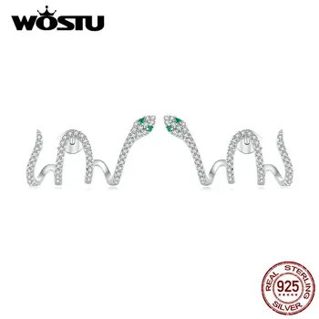 WOSTU 925 Sterling Silver Ženy Had Stud Náušnice Multi-layer Náušnice Green Crystal Zirkón Klincami Jedinečný Dizajn Svadobné Šperky