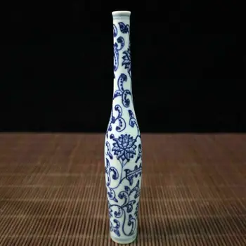 Čínske staré porcelánové Modrá a biela zamotaný lotus dlhý krk, malá váza