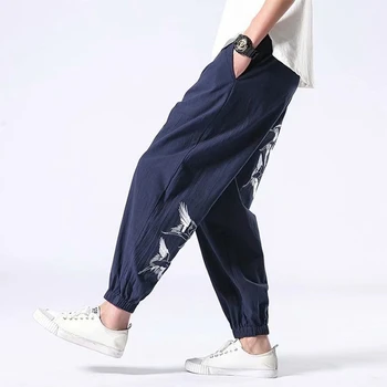 Čínsky pánske Nohavice Harajuku Retro Žeriav Výšivky pánske Nohavice Hárem Nohavice Bavlna Bielizeň Plus Veľkosť Kimono Yukata Streetwear