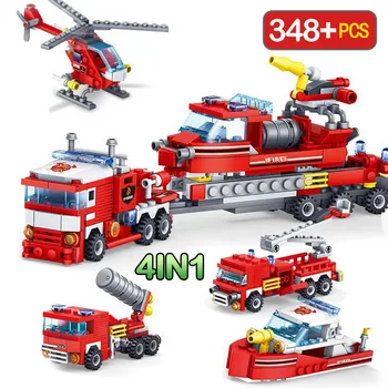 4Pcs/veľa Mesto Požiarne Nákladné automobily Vrtuľník Loď Stavebné Bloky Hasič Brinquedos Tehly Vzdelávacie Hračky pre Deti,