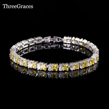 ThreeGraces Šperky z Bieleho Zlata Nové Módne Farby Žltá A Biela Cubic Zirconia Crystal Ženy Tenis Náramky, Prívesky BR045