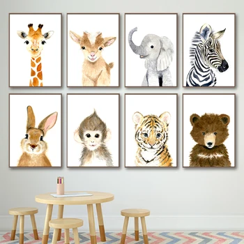 Škôlky Wall Art Žirafa, Zebra, Slon Líška, Zajaca, Medveďa Plátno na Maľovanie Nordic Plagáty a Vytlačí na Stenu Obrázky detská Izba Decor